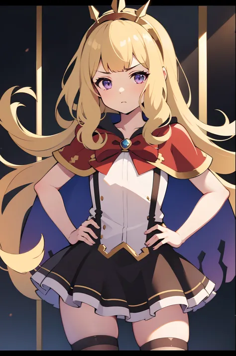 1girl, solo, close-up shot, blonde hair, purple eyes, cagliostro, long hair, cagliostrobase, hairband, crown, black thighhighs, ...