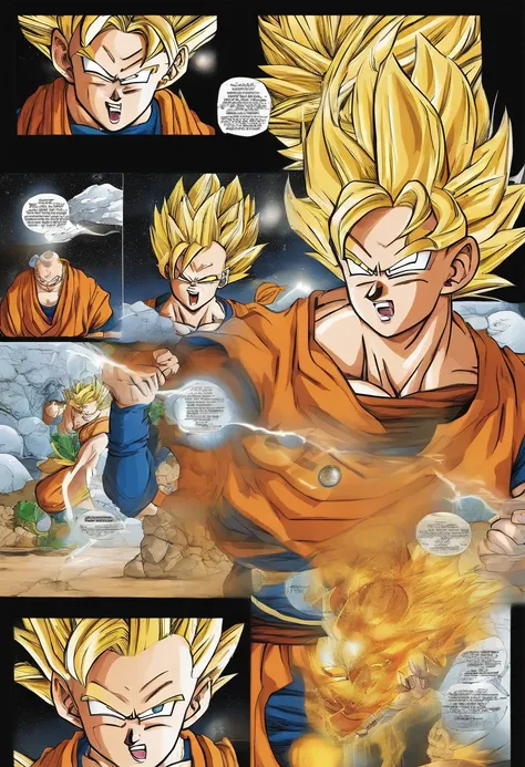 Dragon Ball manga, manga book, Comic storyboard: 1.8, Comics_layout, Super Saiyans around the world",