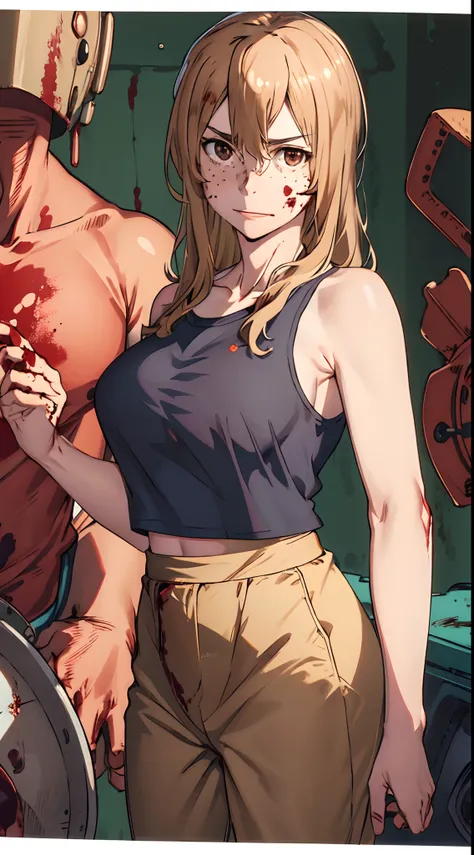 (masterpiece), best quality, highres, aoki1, brown eyes, freckles, (cropped tank top), cowboy shot, ((blood on face, merciless)) .