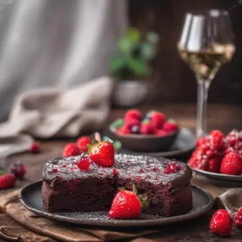 Um delicioso bolo de chocolate cobertura escorrendo pelo bolo, topped with red fruits speckled with sugar, texturas detalhadas sobre uma mesa de madeira, saboroso, quente, foto promocional, detalhes intrincados, hdr, adobe lightroom, altamente detalhado