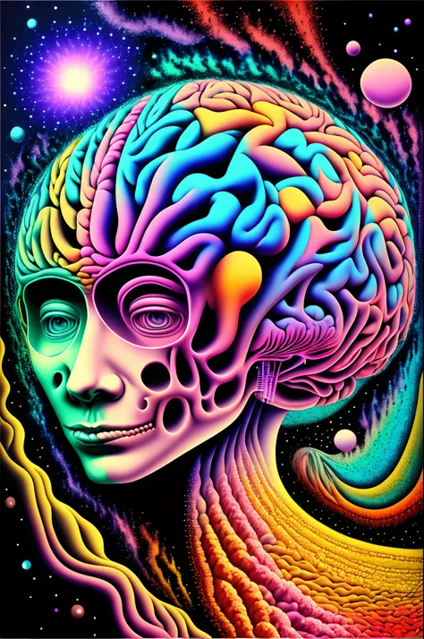 Illustration of a brain made in realistic painting with several different colors very psychedelic on an astral plane