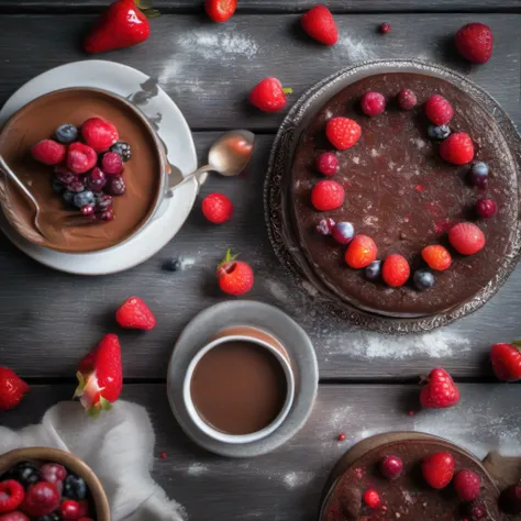 Um delicioso bolo de chocolate cobertura escorrendo pelo bolo, topped with red fruits speckled with sugar, texturas detalhadas sobre uma mesa de madeira, saboroso, quente, foto promocional, detalhes intrincados, hdr, adobe lightroom, altamente detalhado