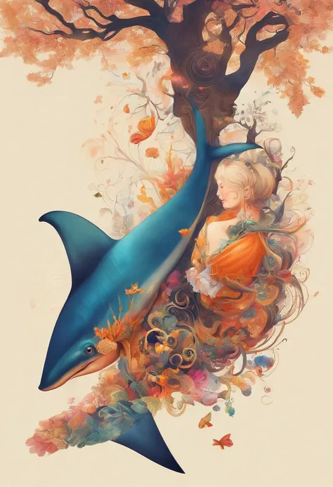 Version Q du Requin，Mignon et mignon，The tree，Thémon，Light is depicted in detail，teinte orange，OC rendu，highly quality，tmasterpiece，hyper-realistic，Ultra photo realsisim，8k，super-fin，Ultra - detailed，Ultra grand angle de vue，Angle de vision dynamique