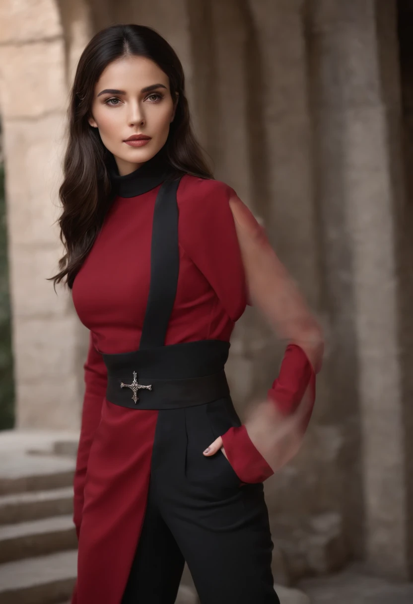 emilisia gomezi, tall, gorgeous, spanish descent, age 23, smooth skin, black hair. red color turtle neck, black fitting pants, simple silver cross necklace, working at the underground base, highly detailed, well lit,  8k, reviewing artifacts, holding a lon...