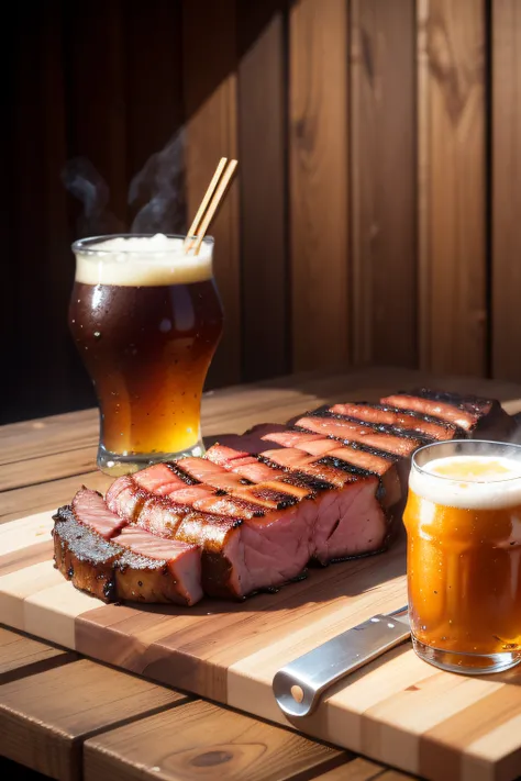 A juicy barbecue meat with grill marks on a wooden board with a stupidly cold beer on the side, saboroso, foto promocional, detalhes intrincados, hdr, cinemactic, adobe lightroom, altamente detalhado