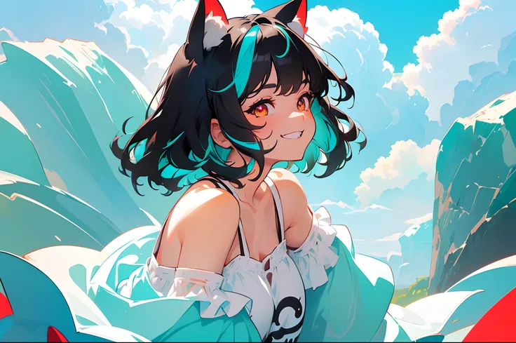 ((close-up side profile of solo catgirl, nekomimi)), ((short black hair in a fluffy wavy bob-cut with turquoise highlights)), (bangs with turquoise highlights), big smile, big grin, side glance, masterpiece, red eyes, chaotic background, (one-side off-shou...