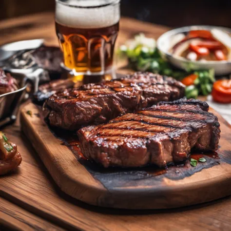 A juicy barbecue meat with grill marks on a wooden board with a stupidly cold beer on the side, saboroso, foto promocional, detalhes intrincados, hdr, cinemactic, adobe lightroom, altamente detalhado