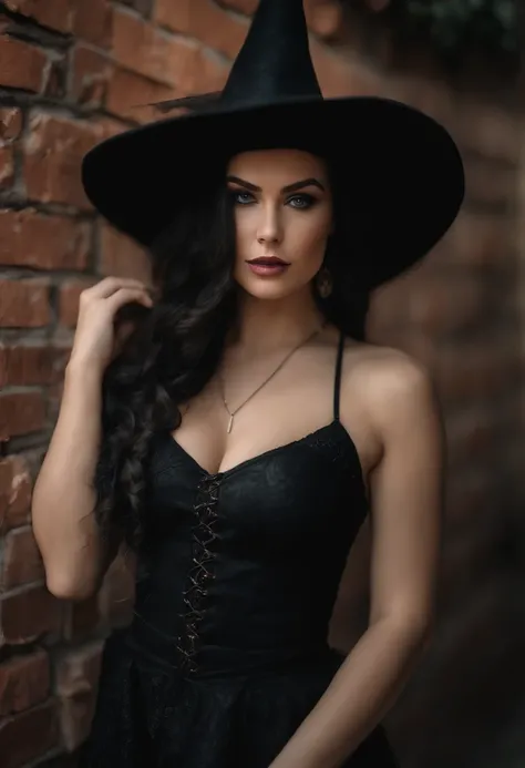 Photograph taken with an iPhone 14PRO of a beautiful twenty-one-year-old girl dressed as a witch, sexy, looking at the camera, breast size 355CC, leaning against a brick wall, ultra realistic, 8K, Highly Detailed