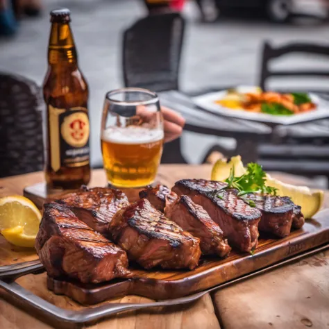 A juicy barbecue meat with grill marks on a wooden board with a stupidly cold beer on the side, saboroso, foto promocional, detalhes intrincados, hdr, cinemactic, adobe lightroom, altamente detalhado