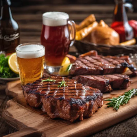 A juicy barbecue meat with grill marks on a wooden board with a stupidly cold beer on the side, saboroso, foto promocional, detalhes intrincados, hdr, cinemactic, adobe lightroom, altamente detalhado