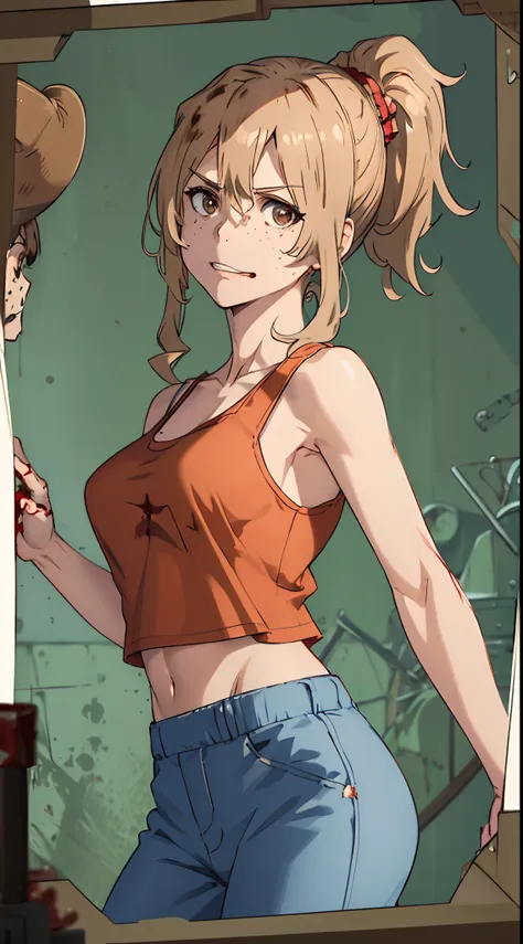 (masterpiece), best quality, highres, aoki1, brown eyes, freckles, (cropped tank top), cowboy shot, ((blood on face, merciless, prison, ponytail)).