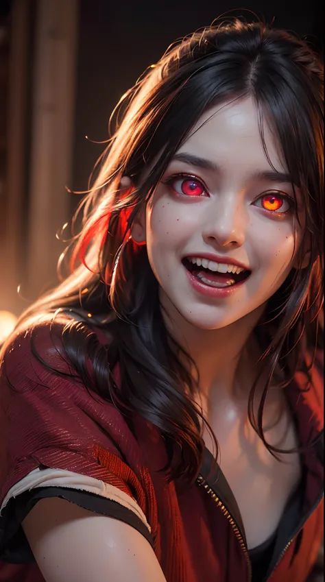 (best quality,4k,8k,highres,masterpiece:1.2), ultra-detailed, (realistic,photorealistic,photo-realistic:1.37), studio lighting, physically-based rendering, vivid colors, (glowing red eyes:1.5), (laughing like a madman with his mouth wide open:1.2),