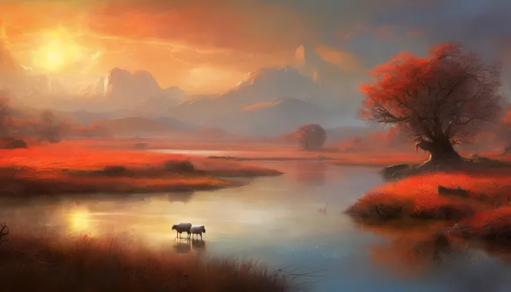 The wetland in the evening, winter, snowing, watering holes,sheeps,the water glistening, grazing cows and sheep, shrouded in the afterglow of the setting sun, the huge golden-red sun in the distant clouds, faintly discernible, filled with a mysterious atmo...