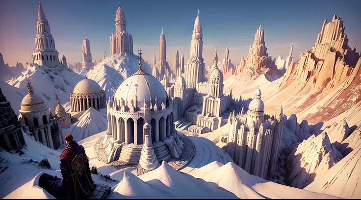 Create an image of an elven city with buildings of a sacred white as the main color, ruas largas e desertas, muralhas altas e um castelo majestoso,