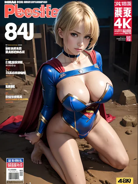 (Best Quality,4K,8K,hight resolution,masutepiece:1.2),Ultra-detailed,Realistic:1.37,Super masterpiece,Chained to an abandoned prison、Short-haired Supergirl kneeling barefoot、large full breasts、Looking at the camera、Glossy costume、Tattered costume、a choker、...