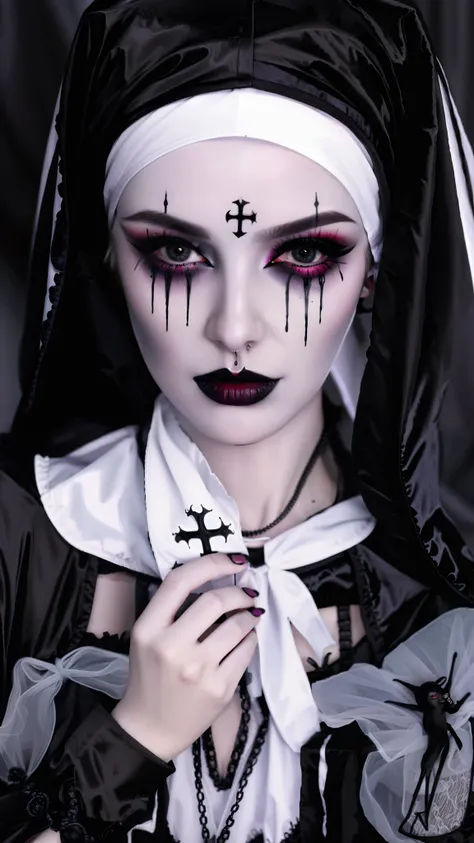 nun arafed with cross on face and hands, vampiros agora, gothic horror vibes, single scary female vampire nun, uma freira malvad...