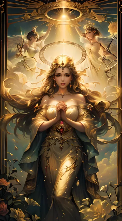 a drawing，The painting shows a woman holding a crown and an angel in her hands, Goddess. extremely high detail, a stunning portrait of a goddess, gorgeous goddess of leo, artgerm julie bell beeple, Art styles, artgerm detailed, portrait of a beautiful godd...