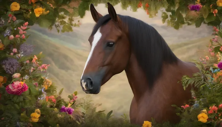 Horse head with flowers and wood around mane, flores delicadas, textura de madeira detalhada, cores realistas