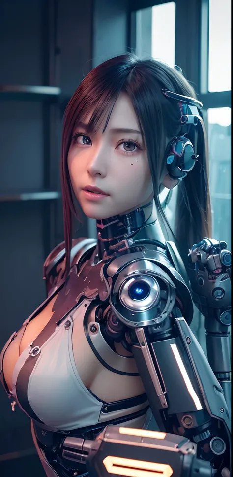 top-quality、​masterpiece、超A high resolution、(Photorealsitic:1.4)、((a beauty girl:1.6)), 1 full-body cyborg girl、sixteen years old、NOhumans、((The skin part is only the face)), Bare skin is covered with a black leotard、Black Armor, Plated Armor,  Luminous Ey...