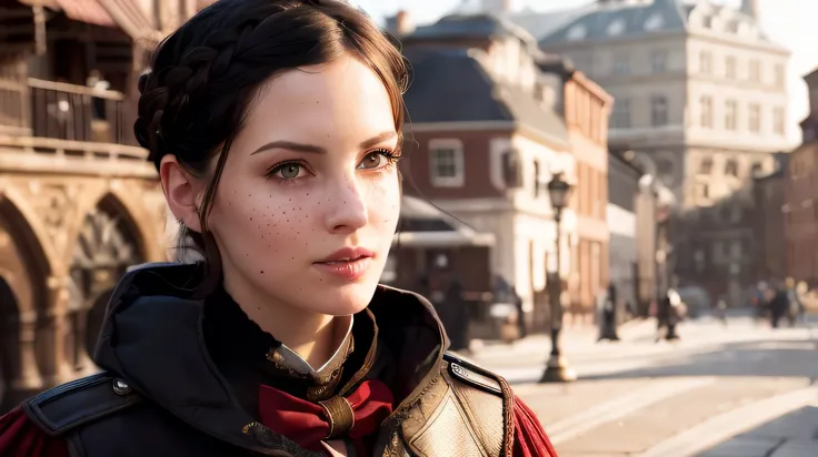 Evie Frye from Assassins Creed Syndicate, ((Assassins Creed cosplay)), Assassins Creed Evie Frye hairstyle, (Details face), (detailed eyes), (black eyeliner) around the eye, (large breast:1.2),seductive smile, plump girl, highres, masterpiece, 1girl, solo,...