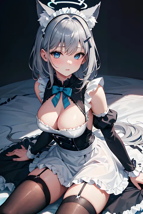 8k, highres, ultra detailed, (masterpiece:1.4),1girl , black dress , black thighhighs , blue eyes , expressionless , frilled dress , frilled thighhighs , frills , grey hair , halo , leaning forward , looking at viewer , maid , maid headdress , medium breas...