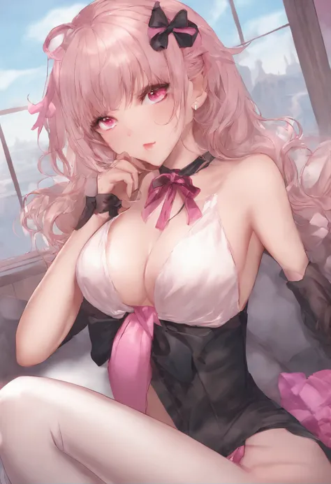 day, artbook, female pervert, hair bow, bangs pinned back, naughty_face, pink eyes, rolling eyes, breasts out, sexy lingerie, torn pantyhose, adjusting_thighhigh, public,