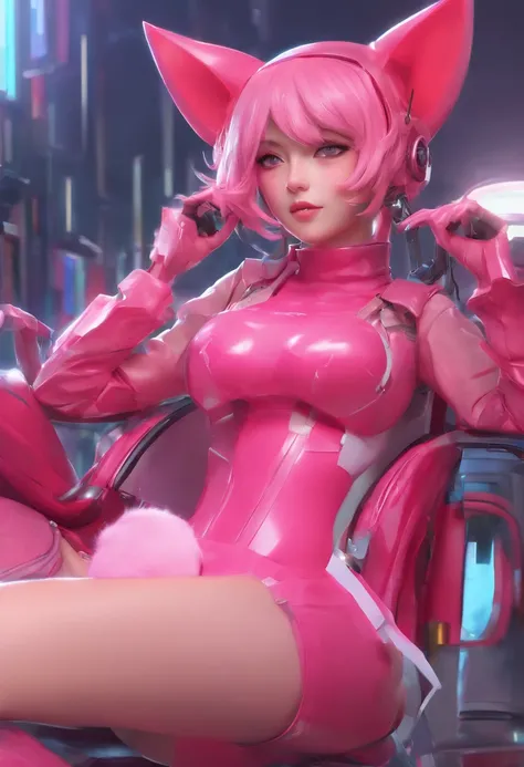 Anime girl in pink latex with cat ears and cat tail, biomechanical oppai, artgerm extremadamente detallado, Mejor fondo de pantalla de Anime 4K Konachan, Oppai cyberpunk, cero dos, Krenz Cushart y Artgerm, pixiv 3dcg, Cushart Krenz Key Art Femenino, Artger...