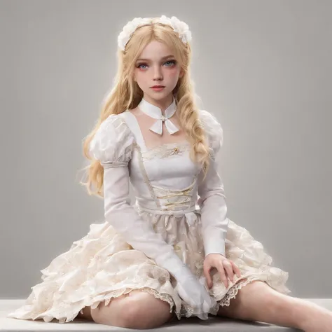 8K, Best Quality: 1.2), (Masterpiece: 1.37), (Photo, Photorealistic: 1.37), (Ultra High Res), wide angle shot showing entire model,  A feminized boy is dressed as a pretty girl with blonde hair and pigtails.  the boy has been made to look like a sissy girl...