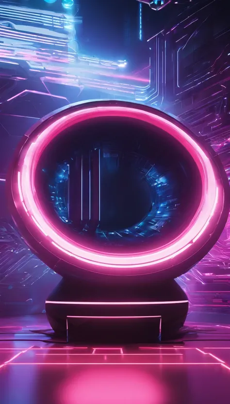 Round stand，Cyberpunk background, Giant speaker in the background, cyberpunk lighting