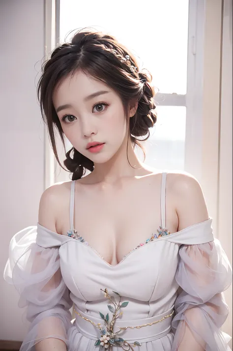 best qualtiy， tmasterpiece， 超高分辨率， realisticlying， 1girll， bshoulders， ssmile， Oversized_Sweater， gentlesoftlighting， Delicate skin， brown  hair，(Beautiful breasts)，