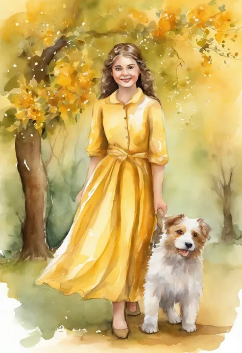 Prompt: Uma garotinha pequena incrivelmente charmosa de vestido amarelo, accompanied by her adorable puppy, desfrutando de um lindo passeio de primavera cercado por belas flores amarelas e paisagens naturais. The illustration is in high definition at 4k re...