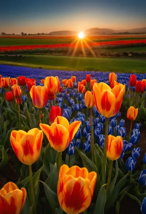 abuelo y su nieta, Amanecer, pradera, tulipanes de color azul.