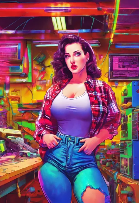 hyper realistic photo of Angela White, (Wearing a plaid t-shirt and jeans), in a carpentry shop, artificial light, artificial lighting ((professional quality)), soft shadows, digital photo (filter: lomo) (big boobs) (best eyes)