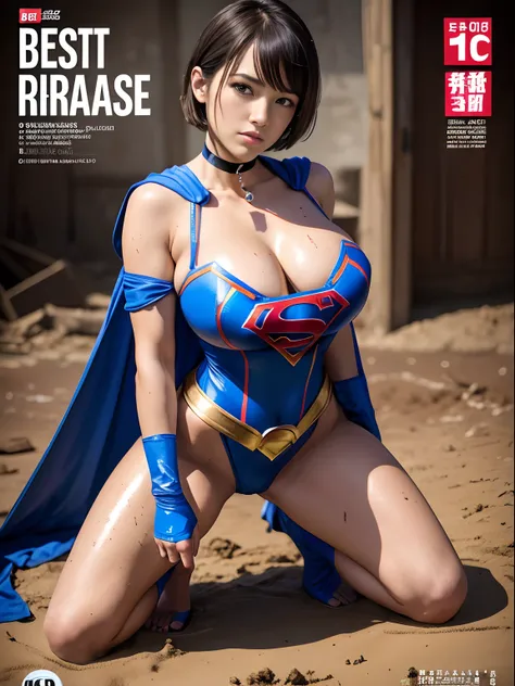 (Best Quality,4K,8K,hight resolution,masutepiece:1.2),Ultra-detailed,Realistic:1.37,Super masterpiece,Chained to an abandoned prison、Short-haired Supergirl kneeling barefoot、large full breasts、Looking at the camera、Glossy costume、Tattered costume、a choker、...