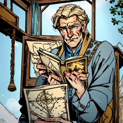 El Caballero Blanco de Ever After High, Blonde Features, ojos azules, barba, Slight expression wrinkles. Reading a map in a cabin, estilo arte dibujo tradicional estilo acuarelas.