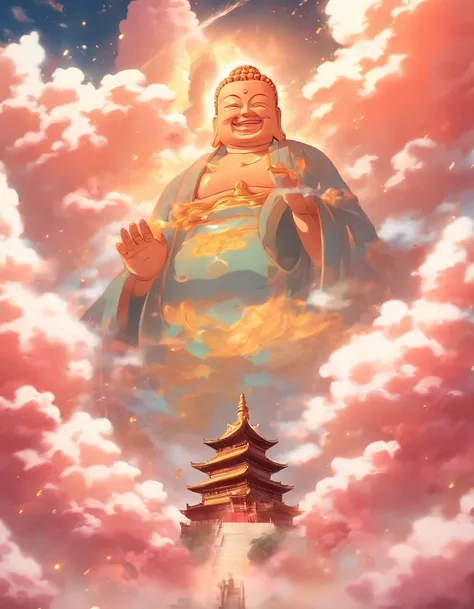 ((masutepiece))，(Best Quality))，china style，In the sky, The clouds form a huge transparent and shining white jade Maitreya Buddha image，Thick clouds，sun shining，Pilgrims on the road，Hyper-realistic，Ultra photo realsisim，Pink，8K，High Definition，high quarity...