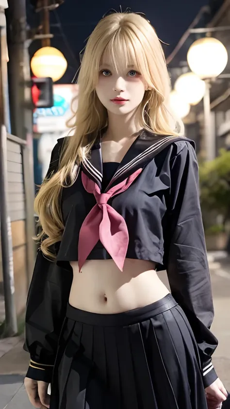 (top-quality), Realistic, (real picture, Intricate details, depth of fields), ((black sailor suit:1.3, no tie, black maxi skirt:1.5, long sleeves)), (teenage Japanese girl), (standing in Tokyo at late night), (neat face, Parted lips), (blonde wavy hair, lo...