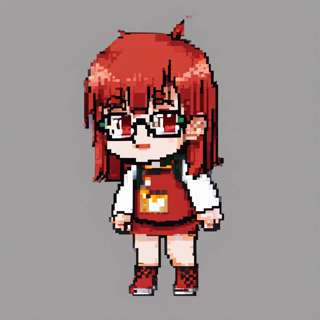 1girl,fullbody,chibi,((red-framed)) (under-rim) glasses, 
red eyes,12 years old, (side swept bangs:1.8), asymmetrical bangs,red hair, [short] hair,simple background