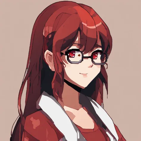 1girl,fullbody,chibi,((red-framed)) (under-rim) glasses, 
red eyes,12 years old, (side swept bangs:1.8), asymmetrical bangs,red hair, [short] hair,simple background