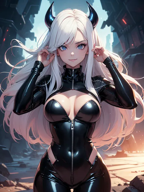 A girl with Mexican skull makeup on her face, looking from above with devilish smile, long white hair, full body tight latex catsuit, cleavage, perfect breasts, big ass, full body, {extremely 8k CG unit wallpaper detailed}, expansive landscape photography,...