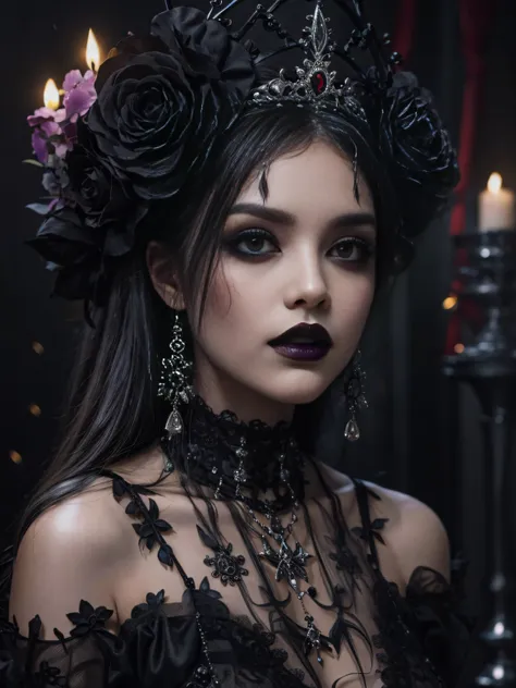 highestquali，tmasterpiece：1.2，detailed details，1 gothic girl，black eyeshadows，black wedding dress，，gorgeous headdress，bust，fresh...