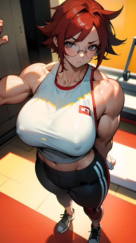 1 female, huge muscles, white tank top, red hair, glasses, anime art style, 8k, masterpiece, great resolution, great details, gym background, muscle flexing, full body portrait, sexy, gym pants, UHD, HDR --auto