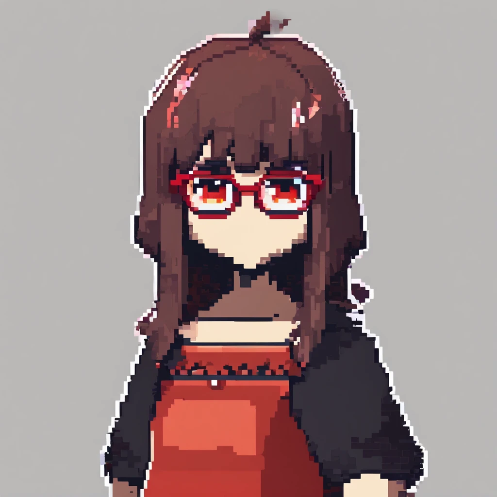 1girl,fullbody,((chibi)),((red-framed)) (under-rim) glasses, 
red eyes,12 years old, (side swept bangs:1.8), asymmetrical bangs,red hair, [short] hair,simple background