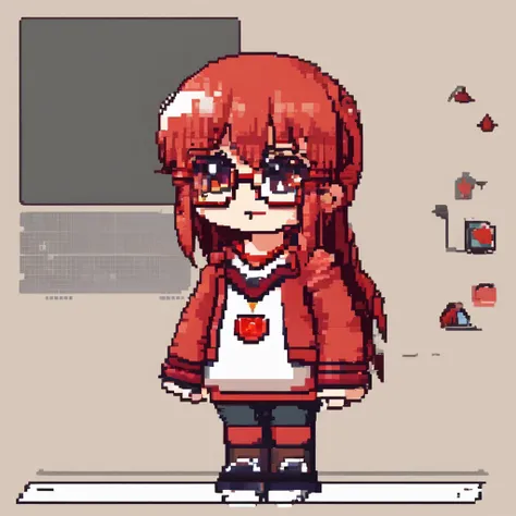 1girl,fullbody,((chibi)),((red-framed)) (under-rim) glasses, 
red eyes,12 years old, (side swept bangs:1.8), asymmetrical bangs,red hair, [short] hair,simple background