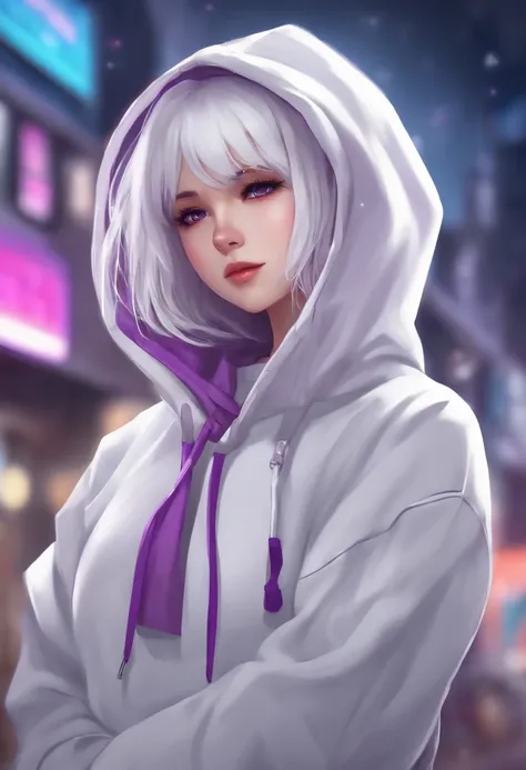 anime girl, white short hair, purple eyes, hoodie, pc, streamer, vtuber, street style