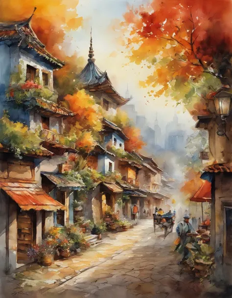 Illustration of the city with many colorful leaves, Corea, Seoul, In the style of a vivid cartoonist, caer,, La linterna de Jack O, especias, Escuela de Nueva York, Robert Monsch, Concepto de arte callejero, 50d Film Frames, Naturalistic representation of ...