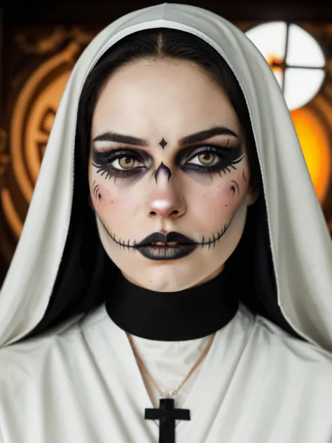 (close-up, photograph, 30 yo nun woman) ( artistic makeup:1.2) (highly detailed face:1.4) (smirk:0.7)long whitr hair，dark themes，soothing tones，pastel colour，hight contrast，（Natural skin texture，ultra-realistic realism，the soft light，Sharp）， nun，(colored m...