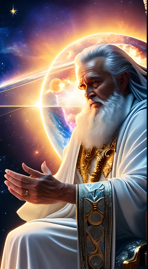 super high resolution, best quality, photo, 16k, (photorealistic: 1.2), cinematic lighting, An old man in the shape of a mythical god. Depict the god holding the sun and moon, enveloped by a radiant aura. Seat them on a magnificent throne within a cosmic b...