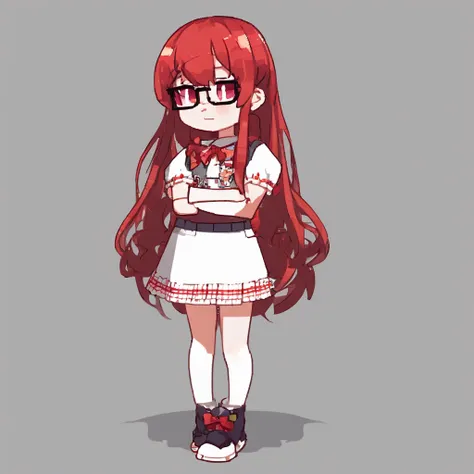 1girl,(fullbody:1.8),((chibi)),((red-framed)) (under-rim) glasses, 
red eyes,12 years old, (side swept bangs:1.8), asymmetrical bangs,red hair, short hair,simple background,idol clothes