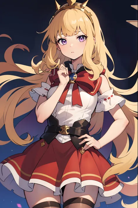 1girl, solo, close-up shot, blonde hair, purple eyes, Cagliostro, long hair, CagliostroBase, hairband, crown, black thighhighs, red bow, red skirt, cape, small breasts, serious, neutral, hand on hips, upper body, looking at viewer, indoors, straight up sho...